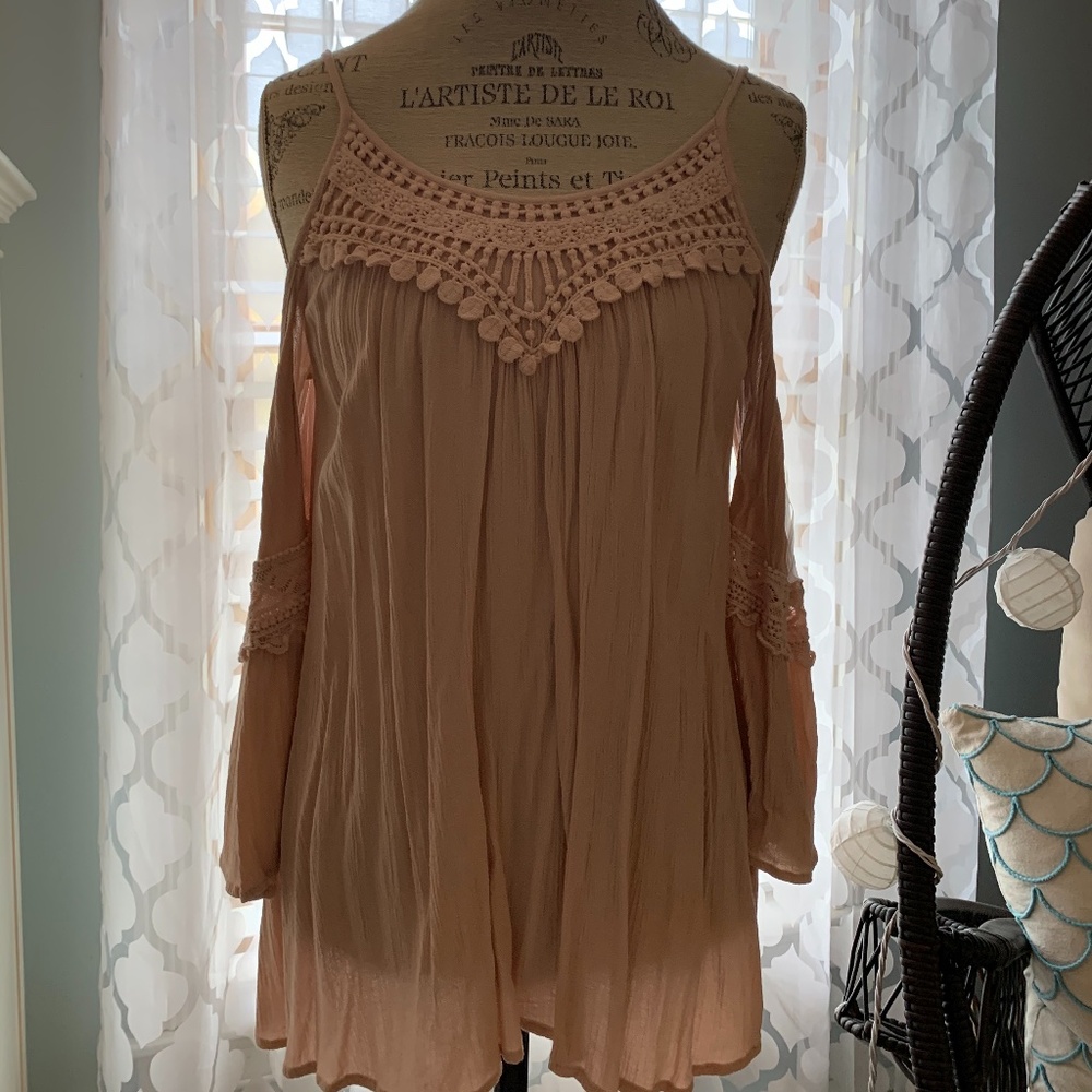 Blush Open-Shouldered Lace Embroidered Blouse